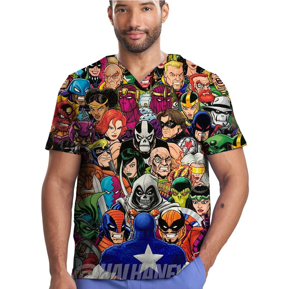 scrub tops Marvel print slim Medicals Uniforms Hospital Workwear Women men Clinical Nurse uniforms Pharmacy Working Tops 5XL