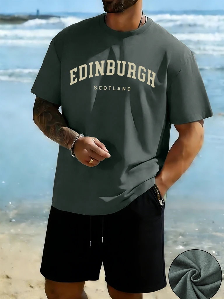 

Edinburgh Scotlano Letter Printing New Cotton Cool Short Sleeve Man 2Pc Set Simple Running Streetwear Comfortable Summer Shorts