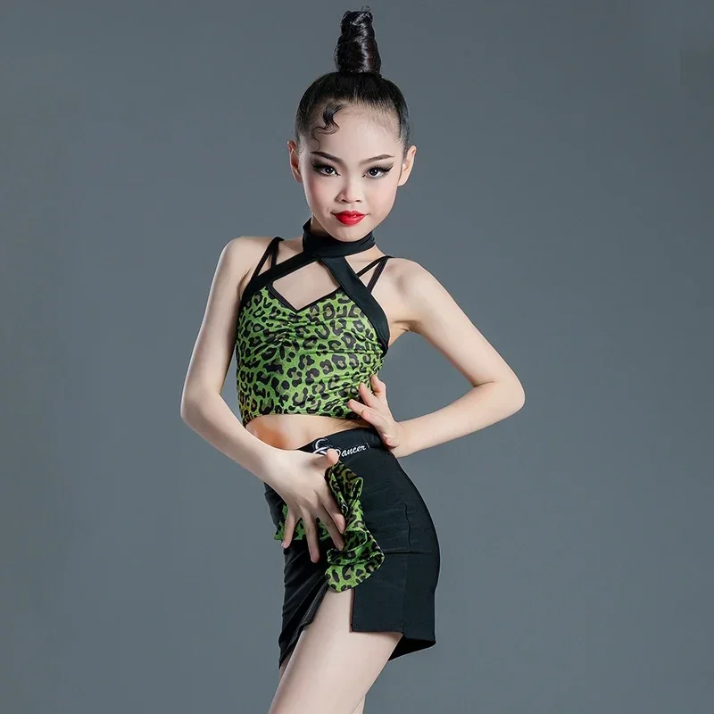 

Kids Competition Dance Clothes Girls Leopard Latin Top Skirt Ballroom Dance Competition Costume Stage Performance Wear