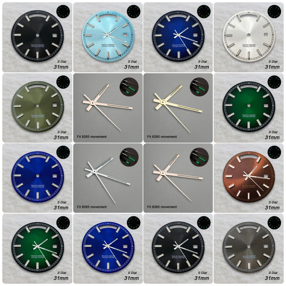 31mm S Logo Day and Date Watch Dial, Green Luminous Dial Replacement for 8285 Movement, Watch Mod Accessories