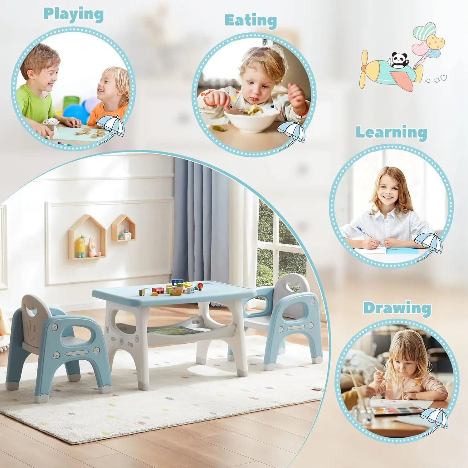Kids and 2 Chairs Set, Large Built-in Storage, Montessori Toddlers Table and Chairs Set, Kids Activity Table for Drawing Dining