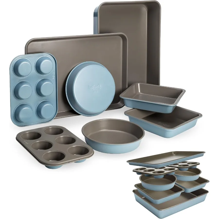 

Универсальный набор форм для выпечки с антипригарным покрытием, включает круглые и квадратные формы, формы для кексов, лист для печенья, жаровня, 8 предметов, синий туман