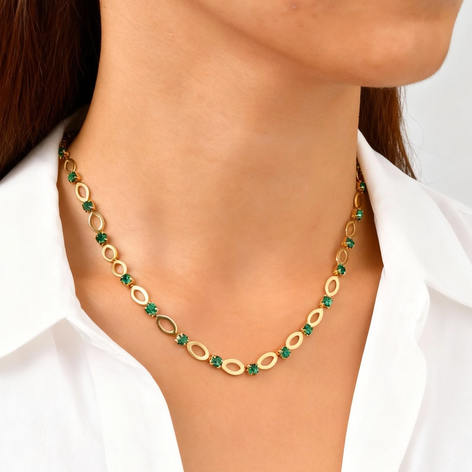 Hohle ovale Halskette aus Edelstahl für Damen, blau/grün/rot, Zirkon, verstellbare Kette, böhmischer Statement-Schmuck, Geschenke – Detail 4