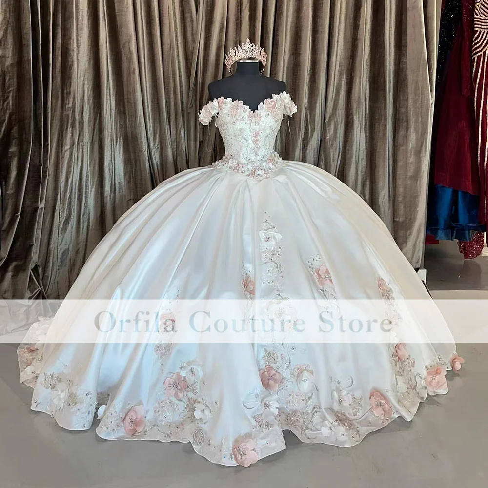 Branco cetim quinceanera vestidos fora do ombro apliques flores vestido de baile doce 16 vestidos de 15 años tamanho personalizado