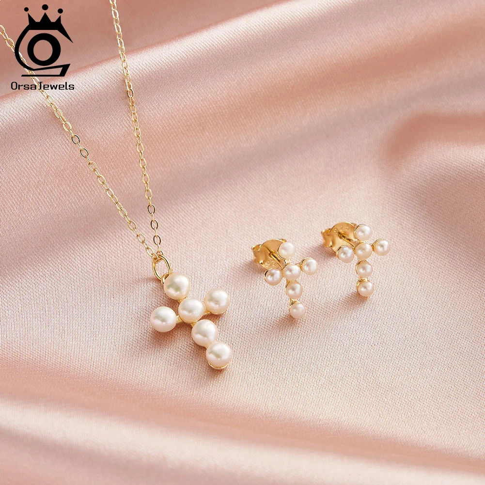

ORSA JEWELS Elegant 925 Sterling Silver Freshwater Pearl Cross Pendant Necklace Earrings Set Trendy Party Daily Jewelry GPN78