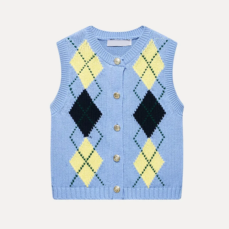 

Новинка весны 2024, женский вязаный жилет с ромбовидным узором, круглый жилет Ne, универсальный жилет с v-образным вырезом, полиэфирное волокно на одной пуговице