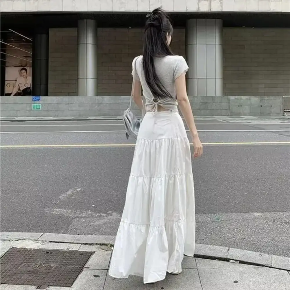 

Tiered Long Skirts Classic A-Line Pleated Boho Skirt Elastic Waist White Maxi Skirt Spring