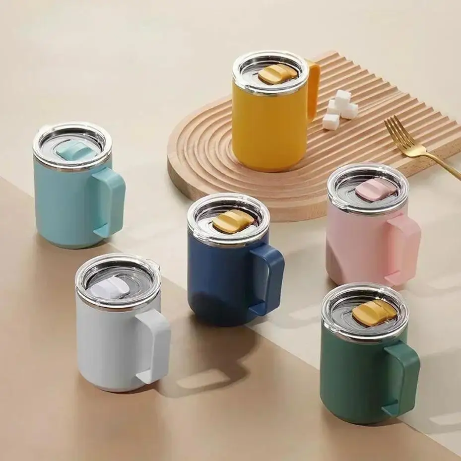 2026 New Portable Leakproof 304 Stainless Steel Coffee Cup 450ml With Lid Handle Straw Practical Office Tea Milk Drinkware Mug