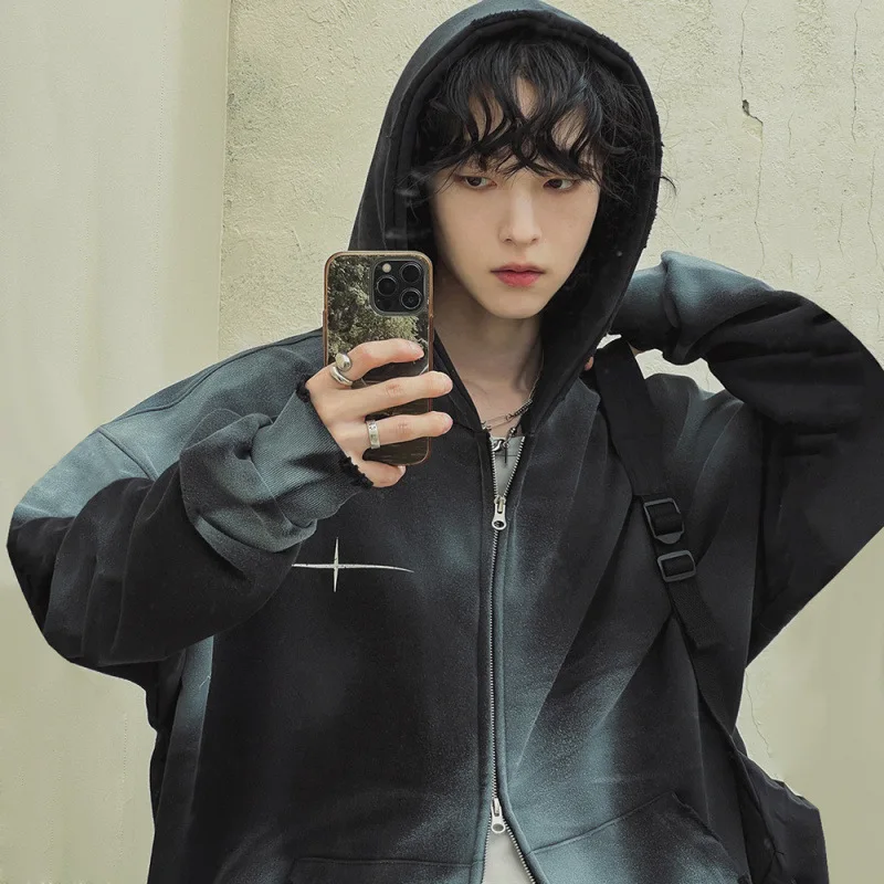 معطف بقلنسوة من الصوف المتدرج للرجال Y2k، سترة بسحاب مزدوج على الطراز الكوري، سترات كبيرة الحجم بغطاء للرأس #2