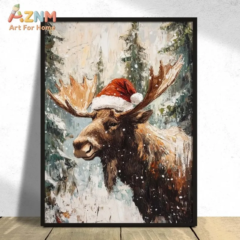 Christmas Moose with Santa Hat Canvas Wall Art Snowy Winter Forest Animal Print Holiday Farmhouse Unframed Canvas Poster