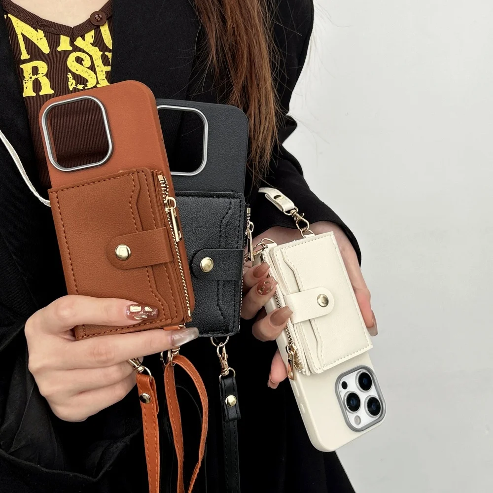 Crossbody Lanyard Card Slot Bag Bracket Leather Soft Phone Case For iPhone 16 15 14 13 12 11 Pro Max Plus Rope Neck Strap Cover