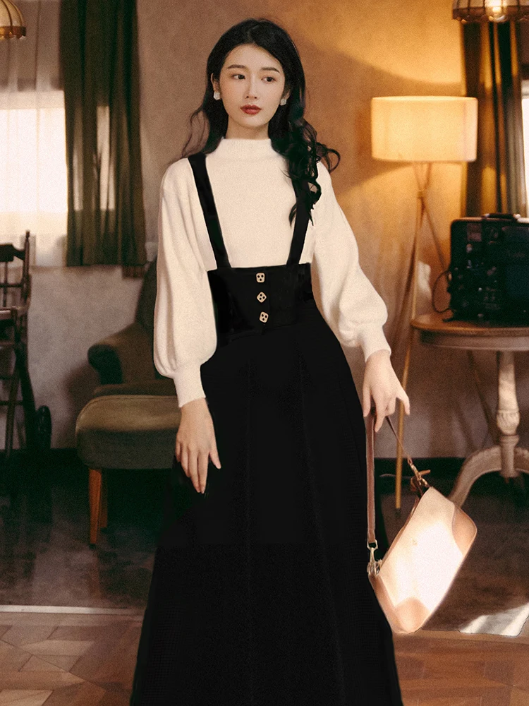 Sweet Fashion Two Piece Skirt Set Women Autumn Winter White Sweater and Long Black Skirt Outfits