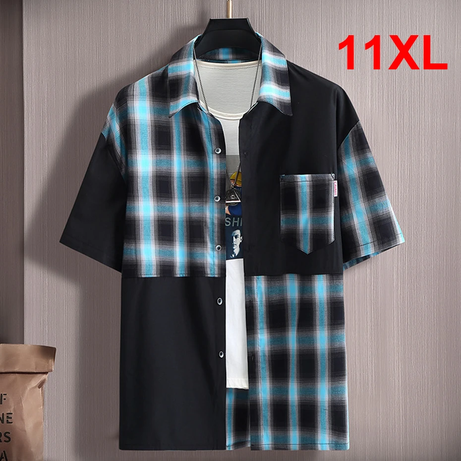 Patchwork Color Block Plaid Shirts Men Summer Short Sleeve Shirts Male Plus Size 10XL 11XL Shirt Plaid Hip Hop Streetwear Men