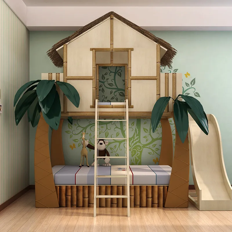 Second child children\'s room bed solid wood boy and girl theme hotel children\'s bed tree house bed double deck slide bed