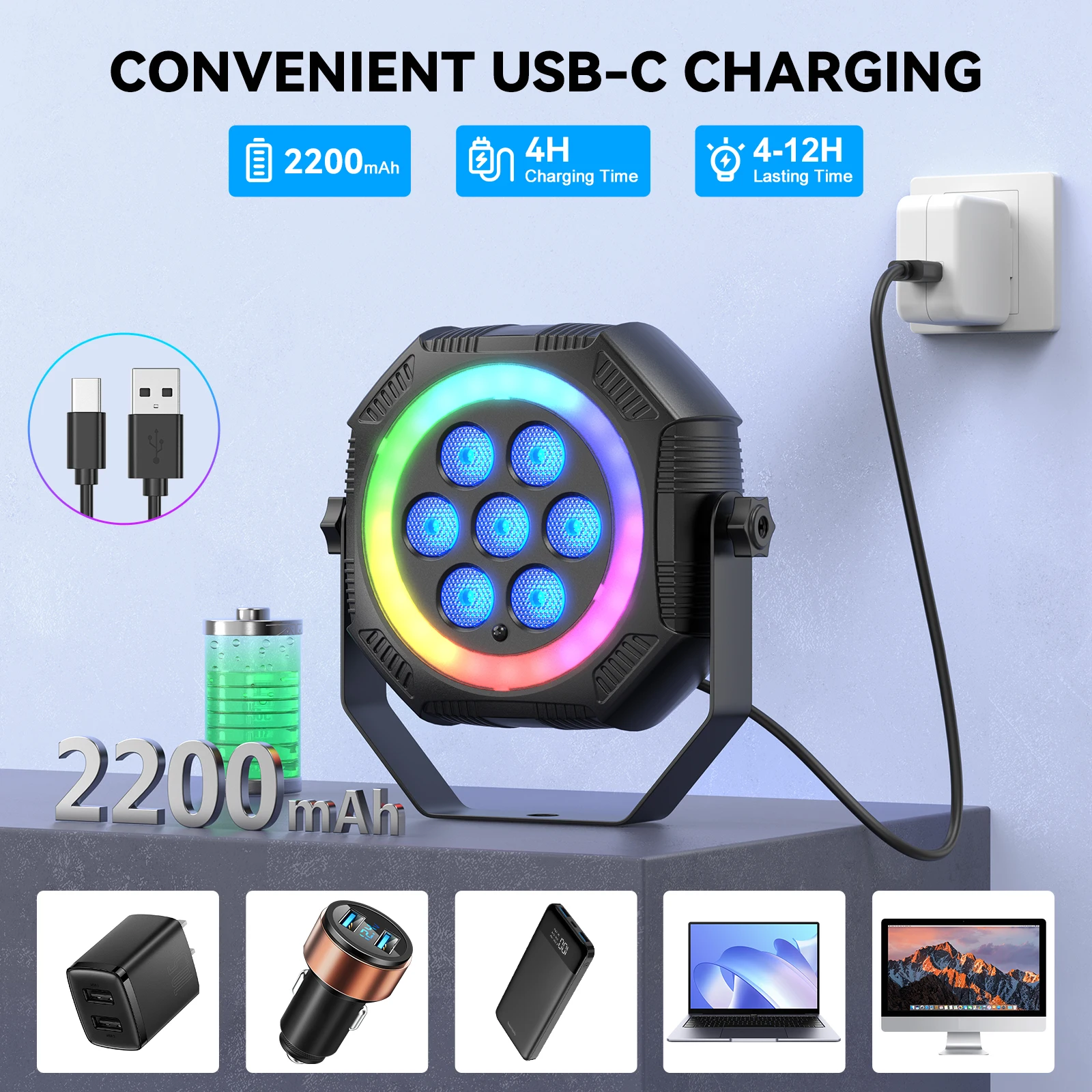 8PCS Mini Par Lights 7LED RGB 4IN1 Stage Par Light w/Halo Light Strip Remote Control DJ Disco Lights Effect Lighting for Theater