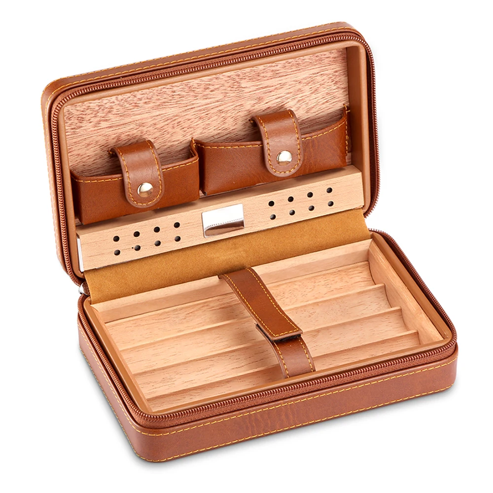 Draagbare Humidor Sigaar Doos Reizen Sigaar Case Lederen Cederhout Sigaar Humidor Box W/ Cutter Aansteker Puro Set Accessoires