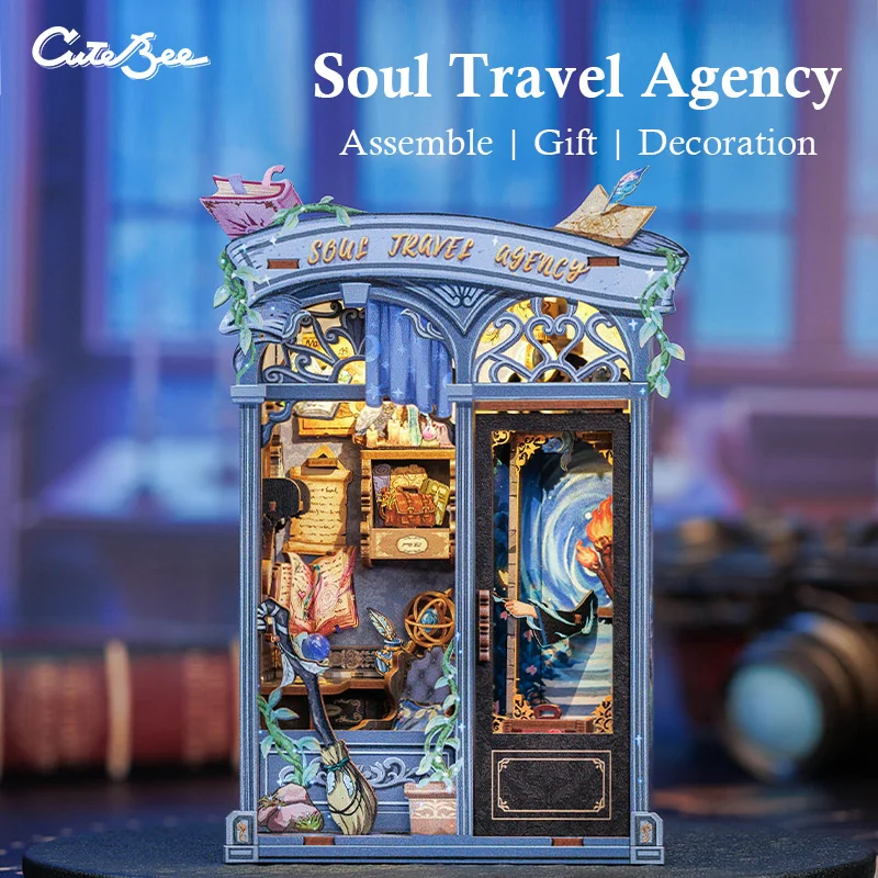

CUTEBEE Book Nook Kit Miniature House Kit Wooden Dollhouse with Led Light Bookshelf Insert Home Decor for Soul Travel Agency