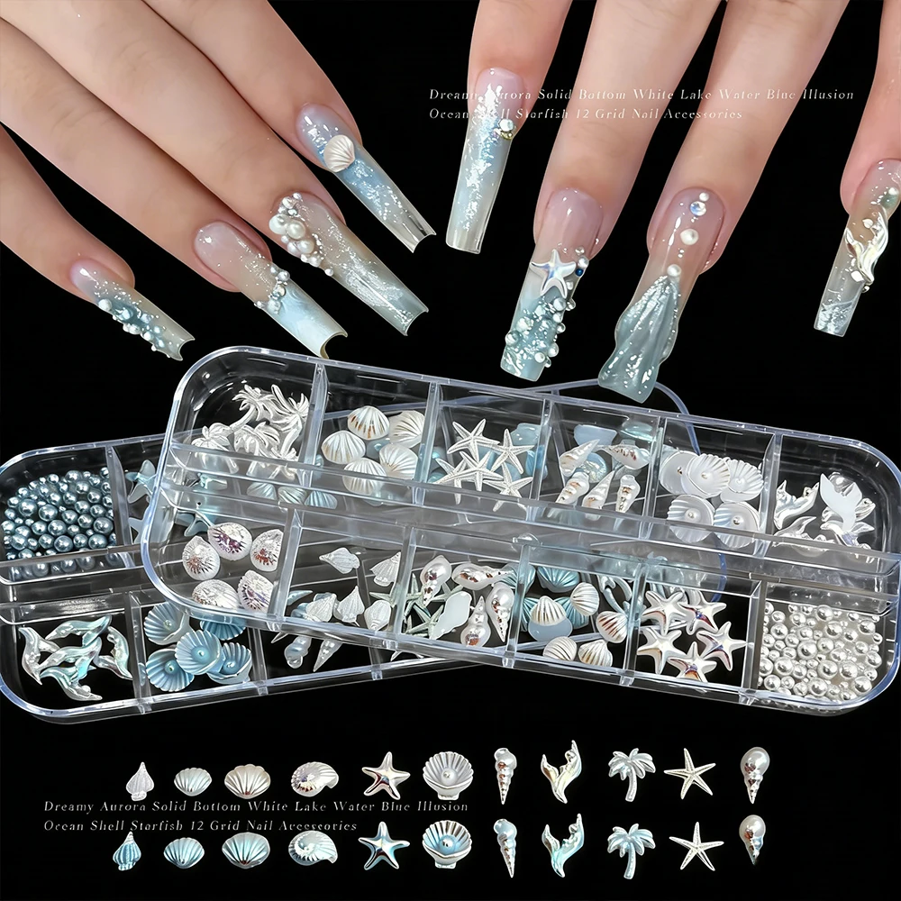 

Набор из 12 штук: Декор для ногтей с морскими ракушками, морскими звездами, раковинами, сказочными северными сияниями, хвостами русалок и кокосовыми пальмами. Летние украшения для нейл-арта.