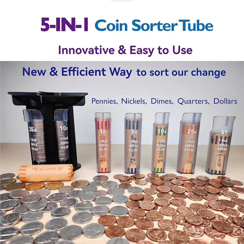 Coin Sorter Tube Coin Counter With Coin Wrappers,5-IN-1 Change Sorter Change Counter Machine, Coin Organizer Coin Holder