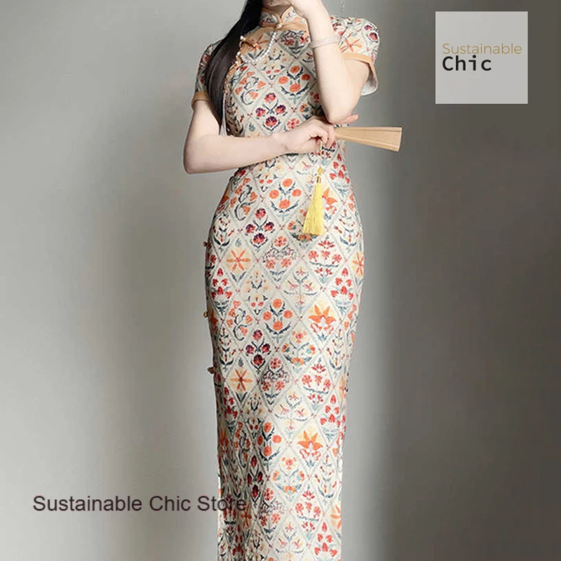 

New Chinese retro ethnic style long slim cheongsam skirt female summer new elegant fashion temperament young floral dress
