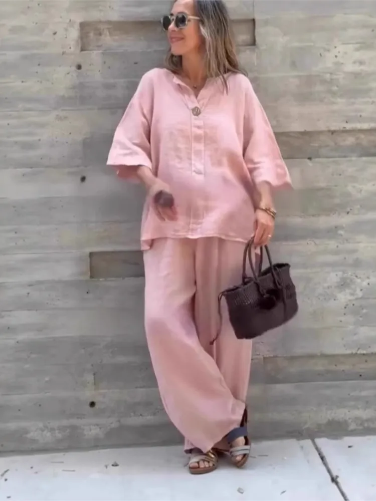 Neue Mode Taste Top + Breite bein Hosen Zwei-stück Sets Frauen Einfarbig 2025, Herbst Beiläufige Lose Hemd hosen Anzug Für Frauen