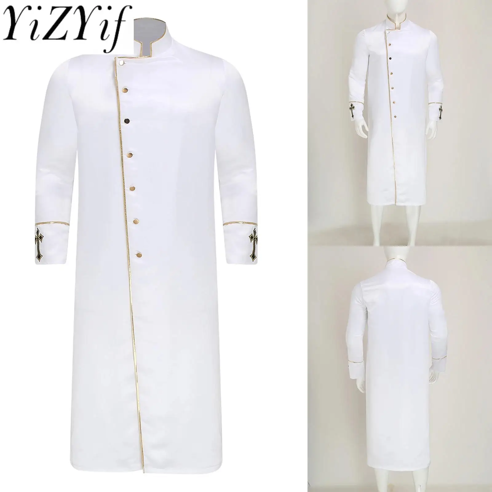 

Men Liturgical Church Priest Clergy Cosplay Long Robe with Cross Embroidery Jackets for Halloween Carnival Priest Cosplay Robes