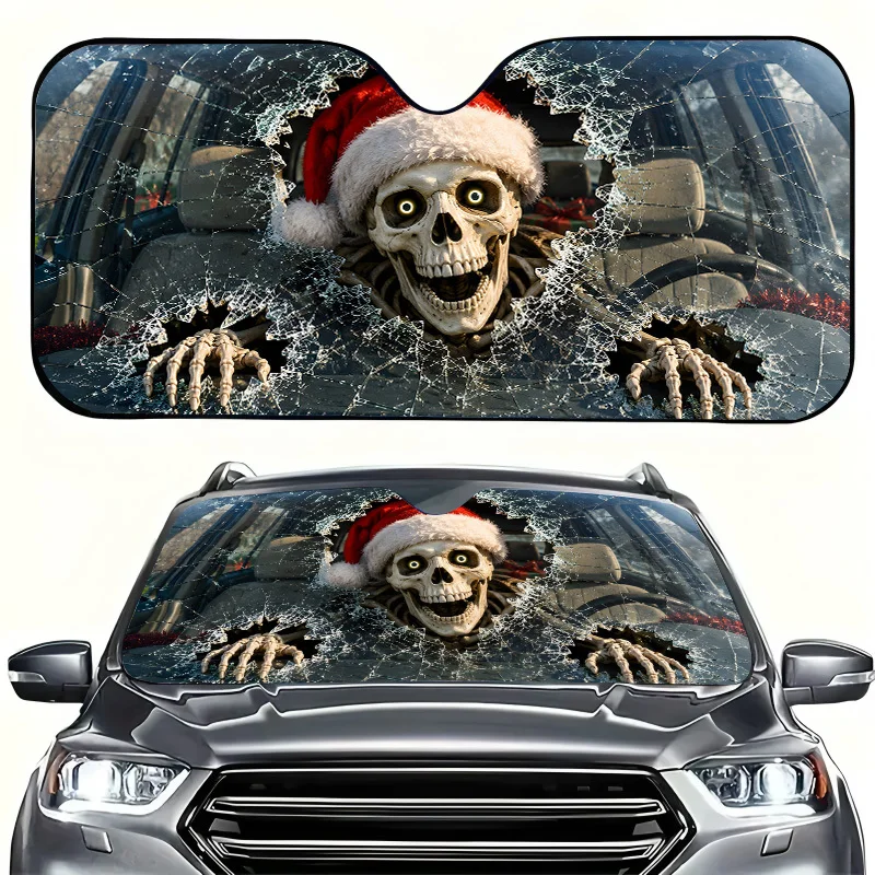1Pcs Playful Santa Skull Sun Shade For Car Windshield, Playful Design, For SUV, Easy Installation, With 4 Free Suction Cups