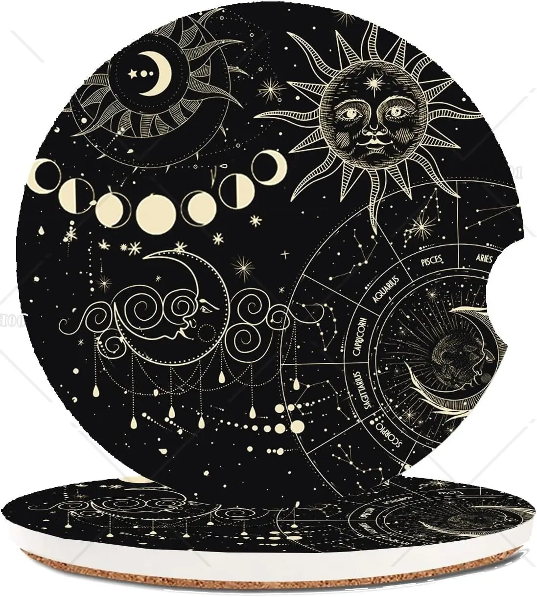 

Witchy Car Coasters 2 Pack for Cup Holders 2.56in Ceramic Cork Non-Scratch Cork Base Drink Coasters Moon and Sun