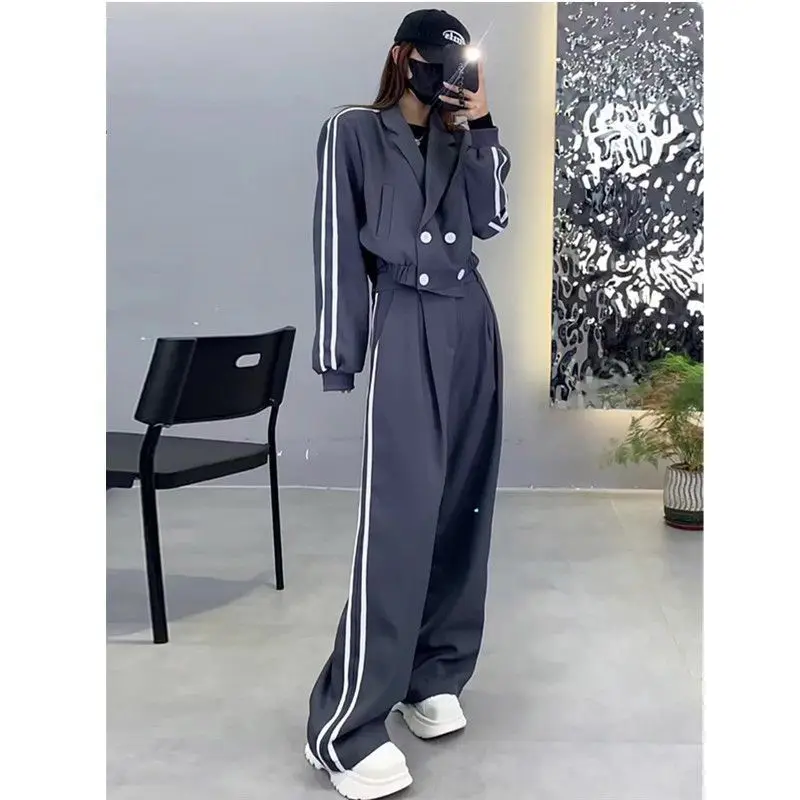 Two Piece Korean Fashion Women Wide Leg Pant Sets Autumn Winter New Thicken Long Sleeve Jackets Tracksuit Harajuku Sports Suit