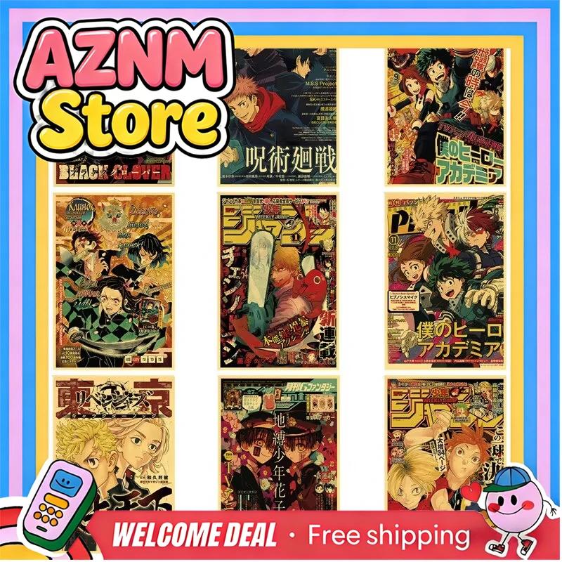 Colección de Pósters de Anime Japonés, Chainsaw Man, My Hero Academia, Jujutsu Kaisen, Decoración de Habitación, Arte de Pared, Pegatinas de Papel Kraft