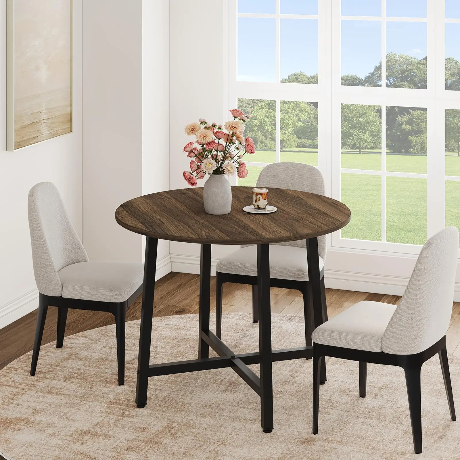 GarveeLife Round Dining Table for 4-6, 47 in Industrial Farmhouse Wood Kitchen Table - Sturdy Metal Frame - Rustic Brown Finish - Table Only, Black Walnut Brown