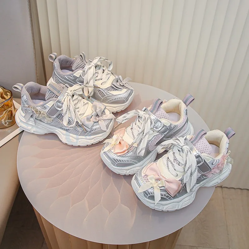 

Zapatos, осень 2023, новые детские кроссовки с бантом, противоскользящая повседневная обувь для девочек на толстой подошве, удобная нескользящая детская сетчатая обувь Кроссовки
