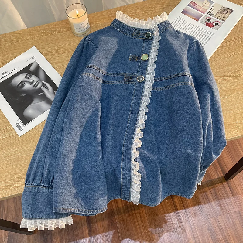 Oversized Women\'s Lace Patchwork Denim Shirt Spring Autumn Single Breasted Loose Basic Coat Female Korean Long Sleeve Tops