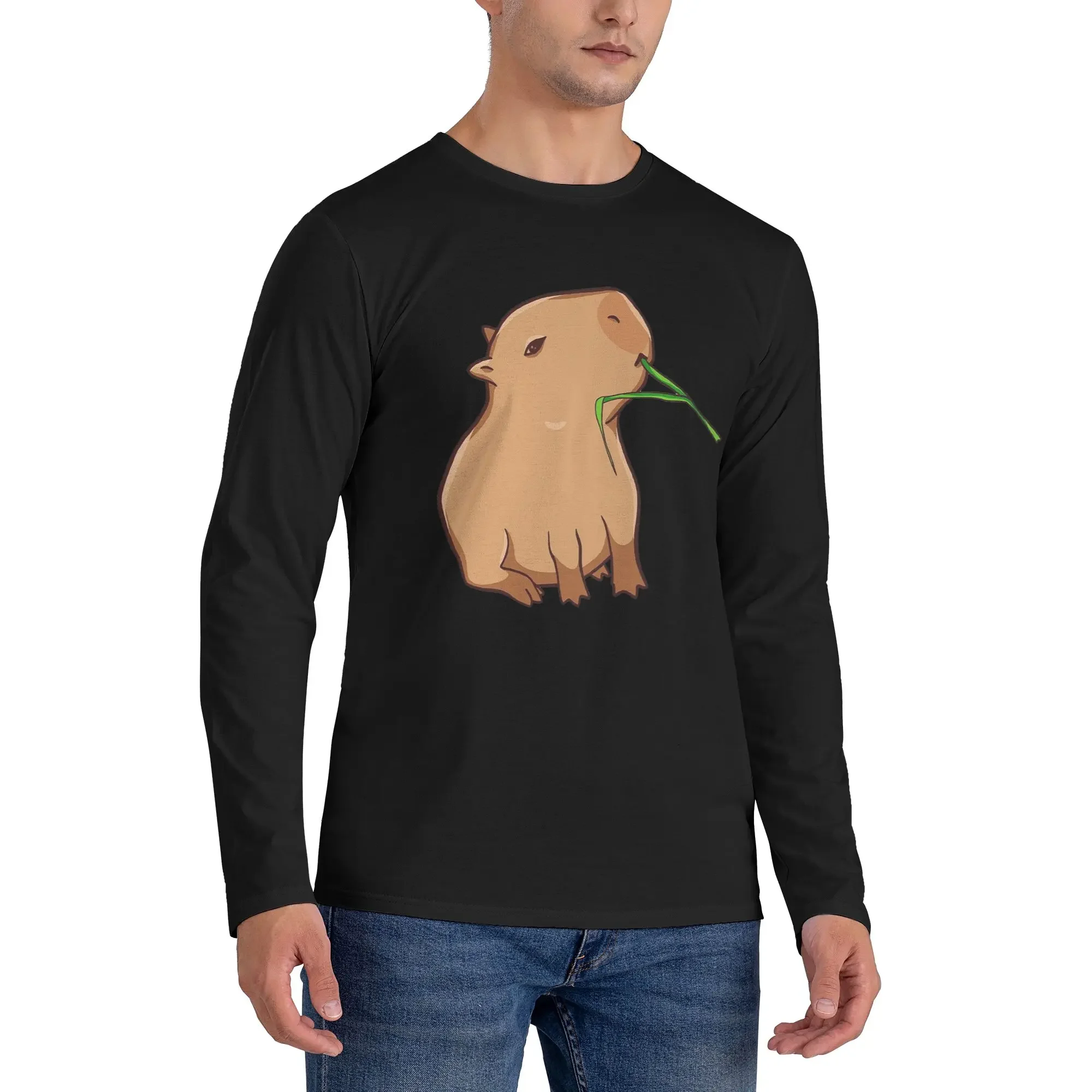 

Capybara with a leaf, eat your greens Men's Long Sleeved T-shirt Fashion Round Neck T shirts Spring and Autumn Men tops