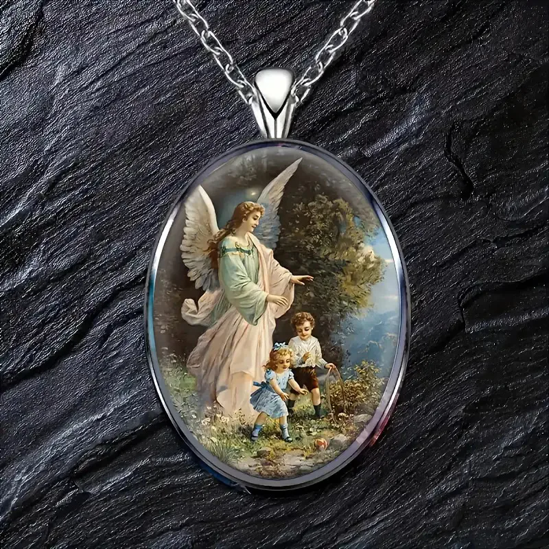 Un collar con colgante de ángel guardián de cristal de estilo clásico: joyería de aleación ovalada retro,