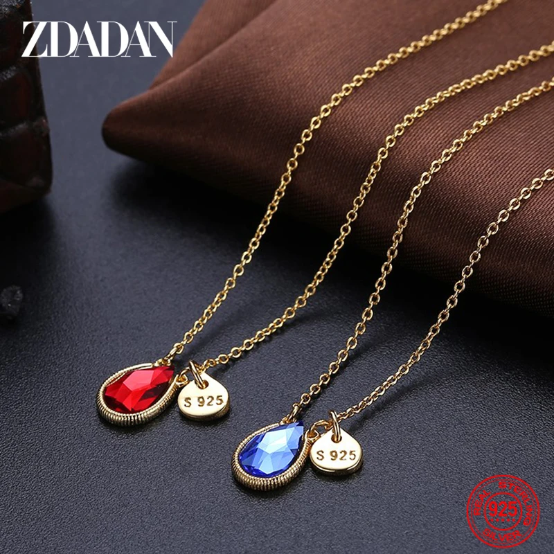 

ZDADAN 925 Sterling Silver 18K Gold Water Drop Crystal Necklaces For Women Fashion Jewelry Gift