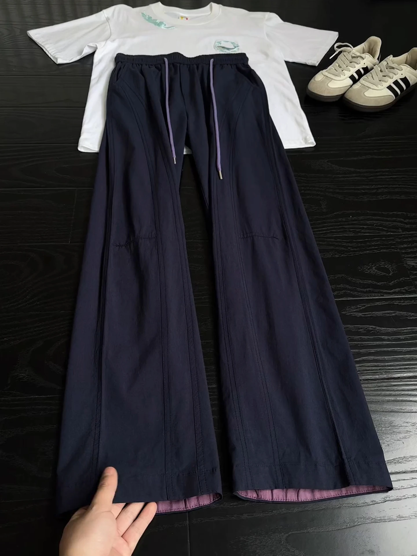 Quick Dry Ice Silk Casual Pants Men's Summer Thin American Retro Color Block Wide Leg Pants Ice Silk Leisure Trousers