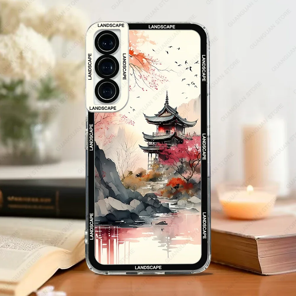 Case For Samsung Galaxy S20 S21 FE S22 S23 Ultra A13 A32 A33 A50 A52 A53 A73 A54 A14 Soft Cover Ink and Wash Landscape