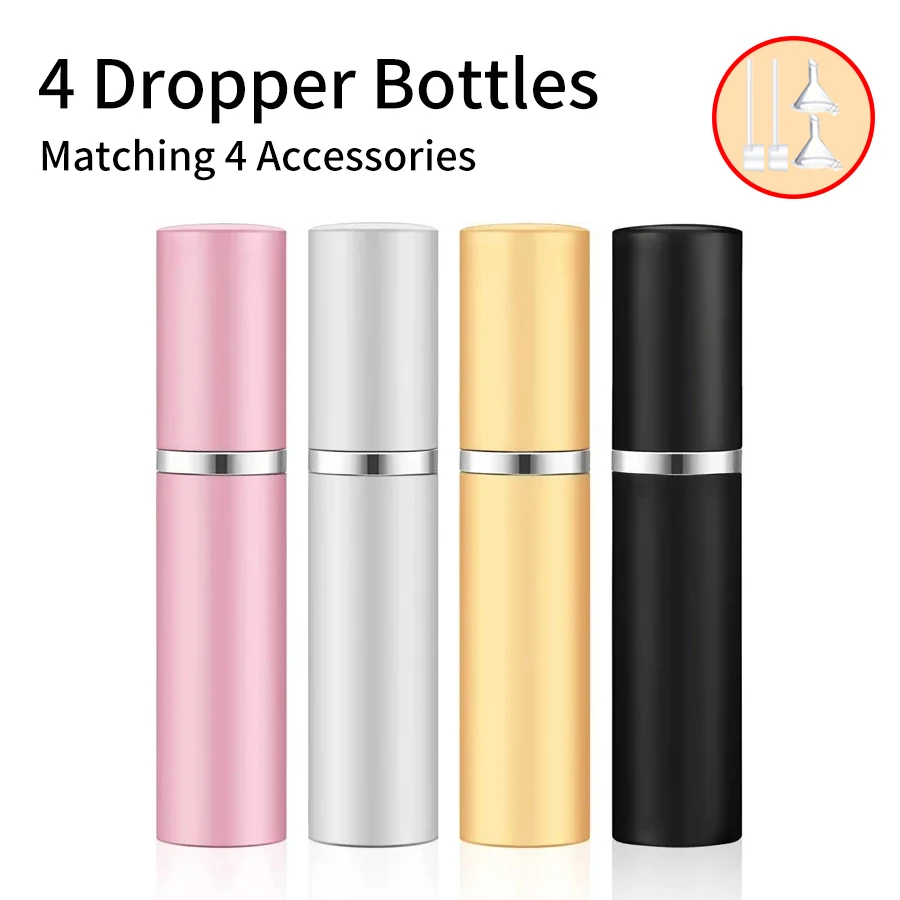 4pcs+4 Accessories 5ml Refillable Portable Mini Perfume Atomizer with 4 Spray Bottles, 2 Funnels, 2 Dispensing Shenanigans