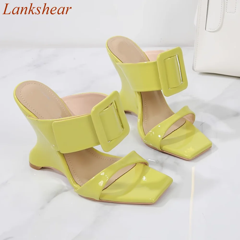 Square Toe Square Buckle Women Slippers Solid Wedges Fashion Summer Niche Design Straight Strap  Women Shoes 2024 New Arrivals