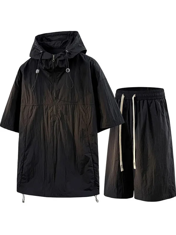 

Ice Silk Quick Dry Hoodie Short Sleeve Workwear Set Men Summer Thin Breathable Straight Leg Sports Shorts Two Piece Set