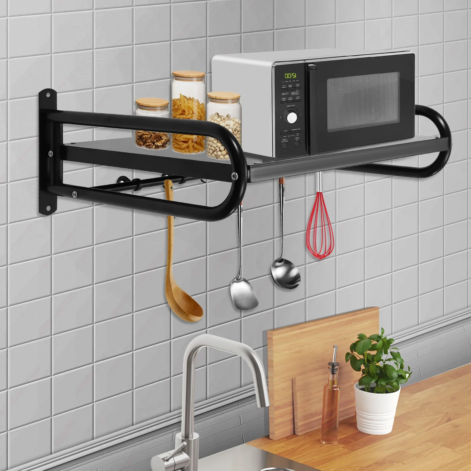 

Экономия места Черная настенная полка длиной 53 см и стойка для микроволновой печи | Органайзер для хранения с 6 крючками | Сверхмощная стальная кухонная полка для стены