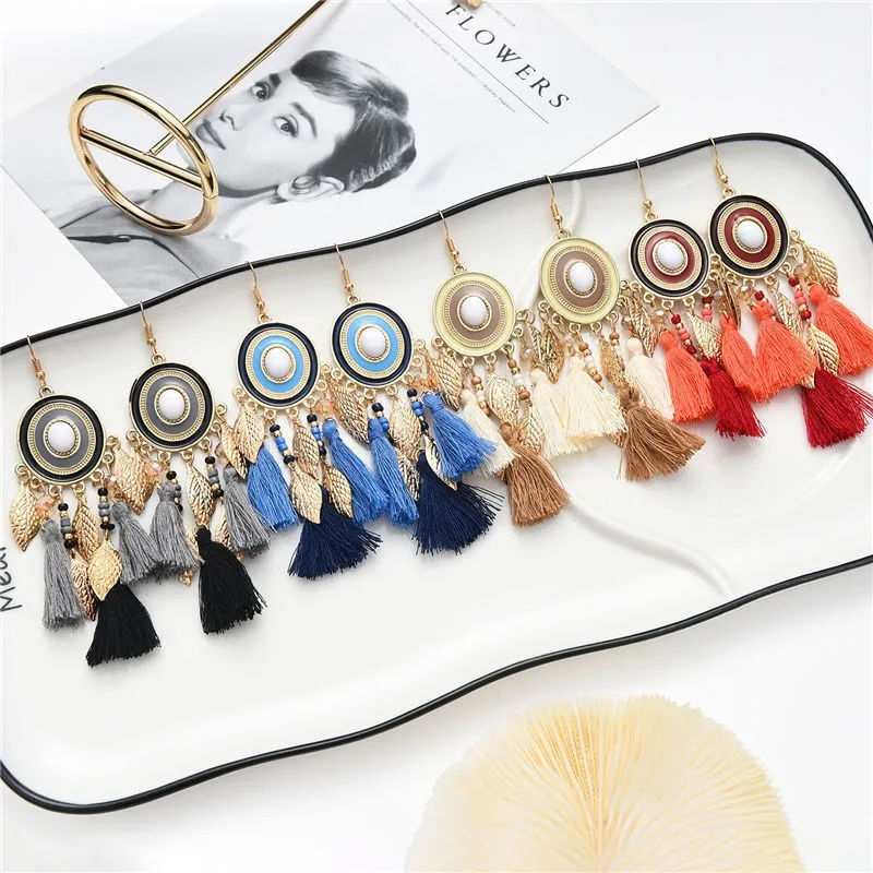 FEEHOW Vintage Bohemia Dangle Earrings for Women Ethnic Style Gold Color Leaf Tassel Earring Chinese Style Party Accessories