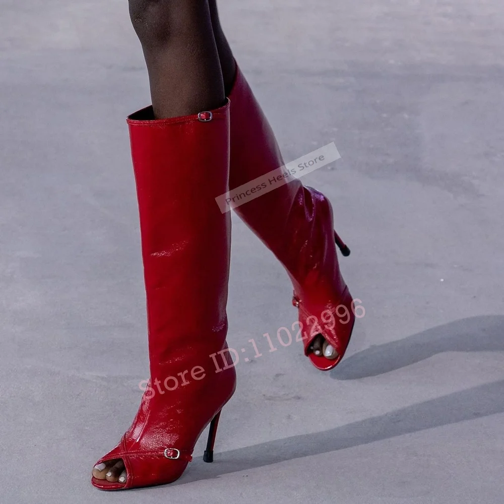 

Высокие сапоги до колена с открытым носком на шпильке, однотонные кожаные сапоги с пряжками и ремешками, длинные сапоги без шнуровки, женская летняя обувь, дизайнерская вечеринка, новинка