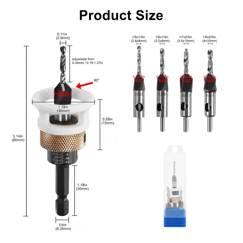 ABBP-4PCS Countersink Drill Bit Set With Low Friction Depth Stop & Replaceable HSS M2 Drill Bit, Counter Sink Drill Bit
