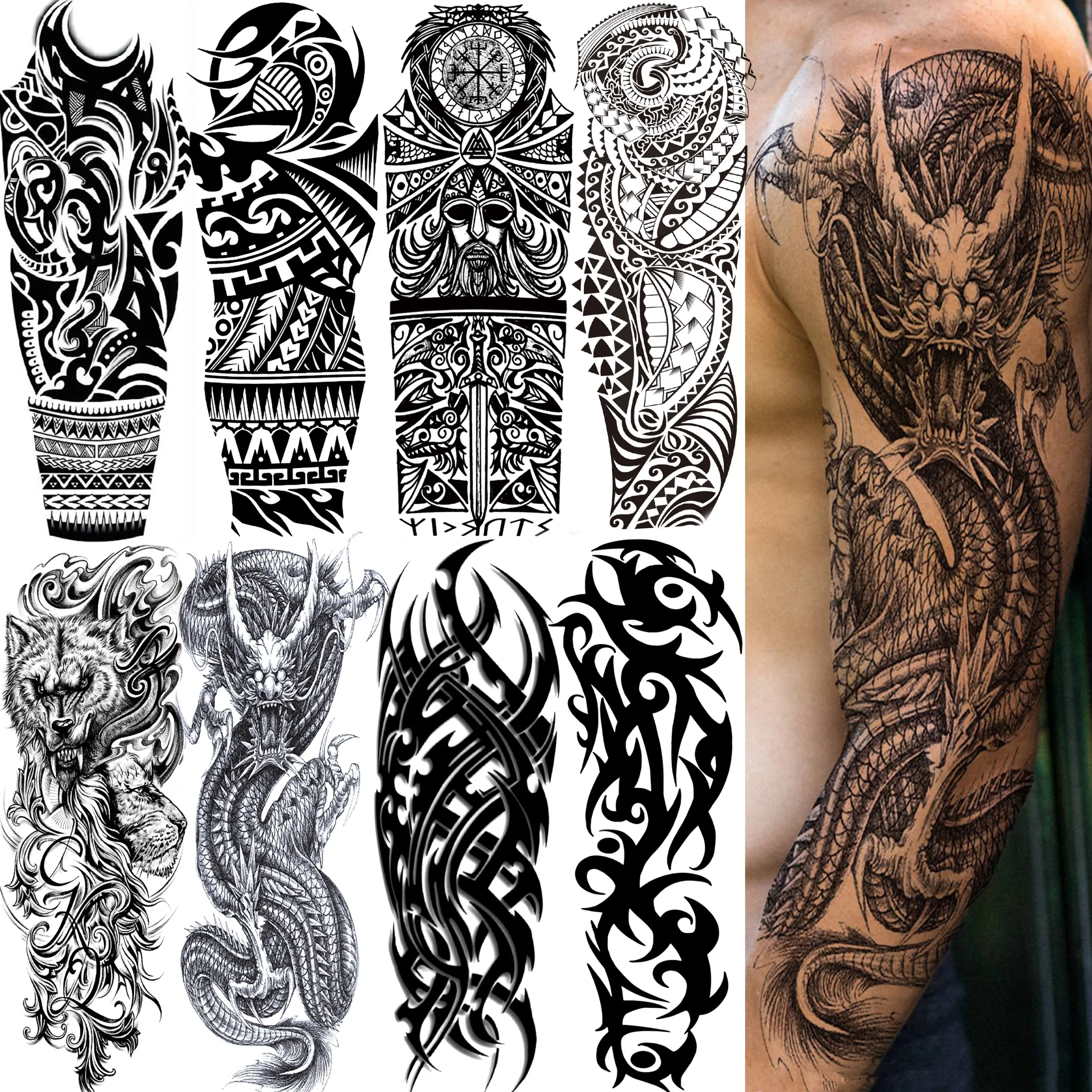 1 Sheet Tribal Maori Totem Full Arm Armband Barbed Wire Temporary Tattoos For Men Adults Fake Black Temp Sticker Sleeve Large