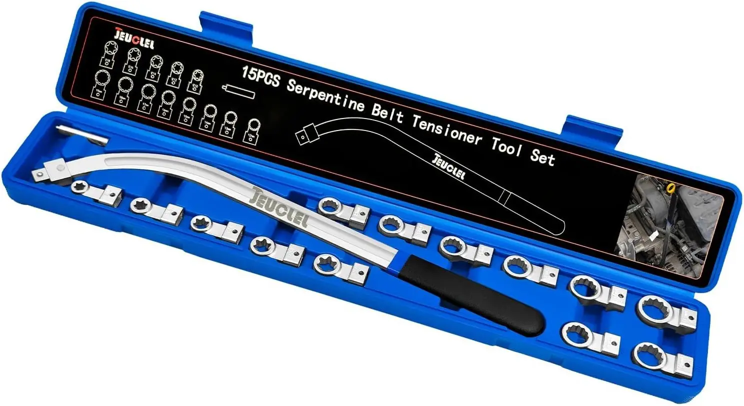 

15PCS Universal Belt Tensioner Pulley Removal Tool Kit with 12-Point 12-19mm Wrench Set for Engine Timing