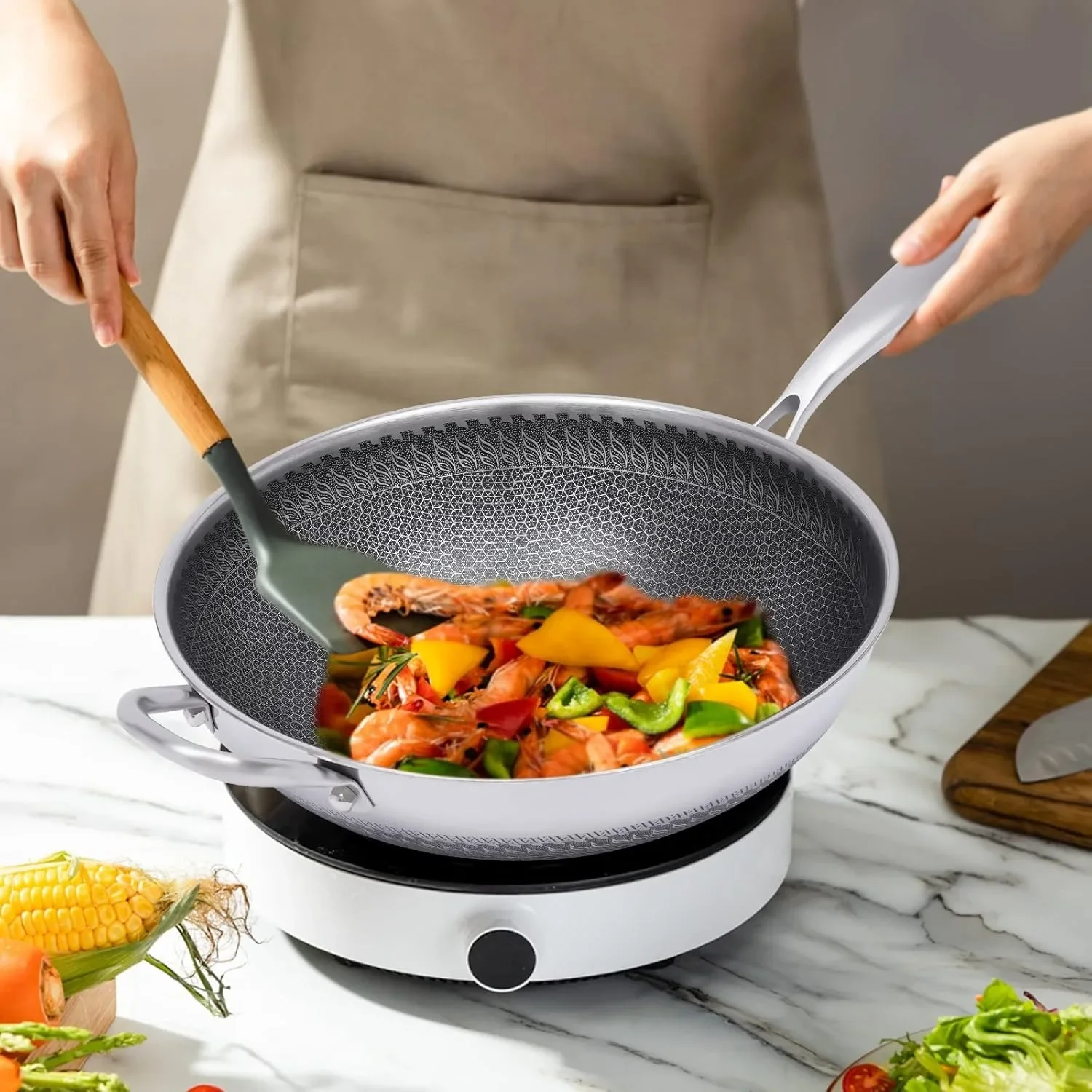 13.5 inch Stainless Steel Saute Fry Pan with Honeycomb Coating, Non-Stick and Scratch-Resistant