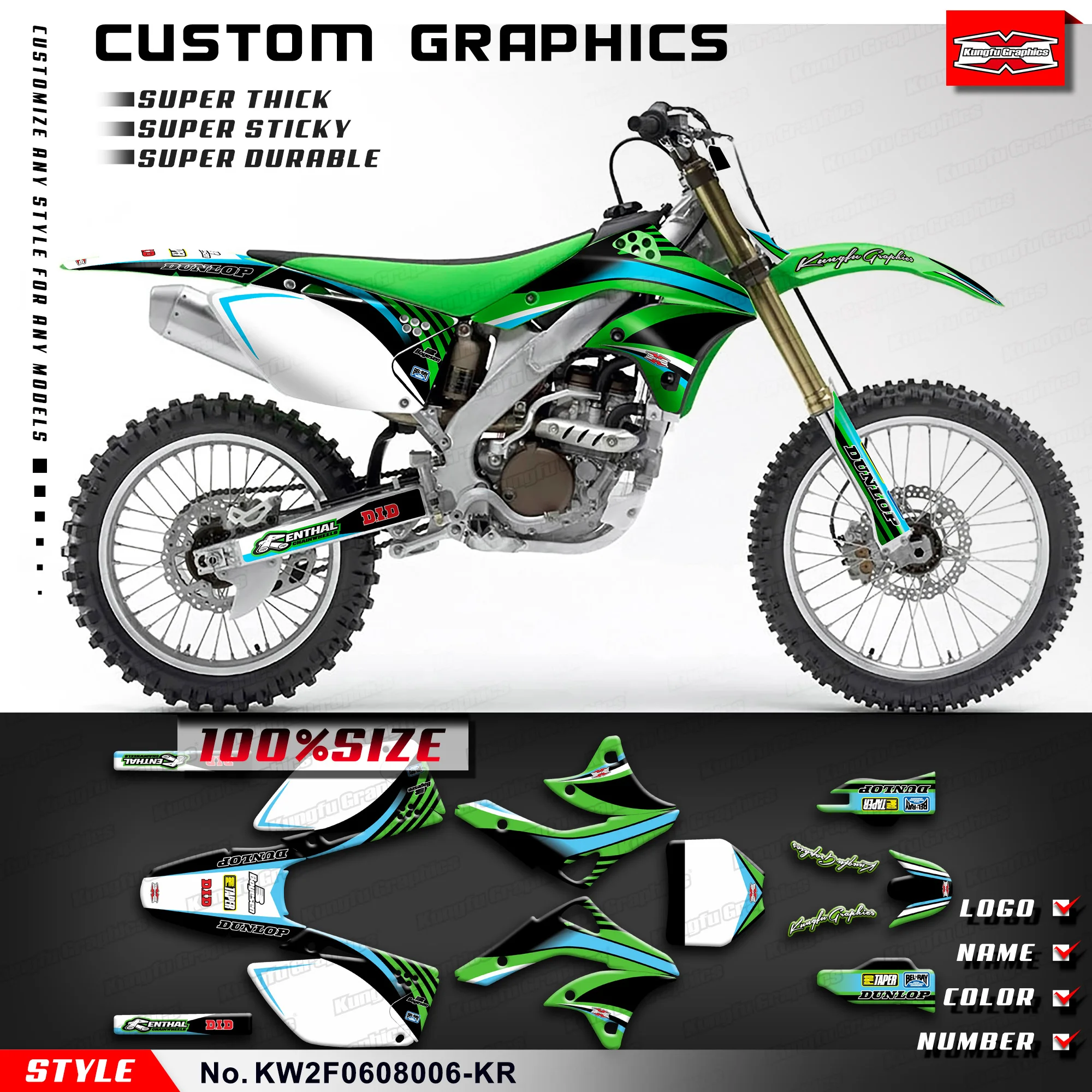 

KUNGFU GRAPHICS Racing Graphics UV-resistant Vinyl for Kawasaki KX250F KX 250F KXF250 2006 2007 2008, KW2F0608006-KR