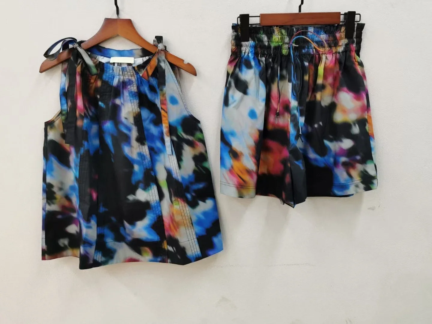 Women Tie Dye Printed Sleeveless Lace Up Top Or Elastic Waist Shorts